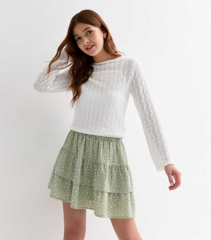 Girls Light Green Ditsy Tiered Mini Skort