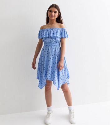 Girls Blue Ditsy Bardot Hanky Hem Mini Dress New Look