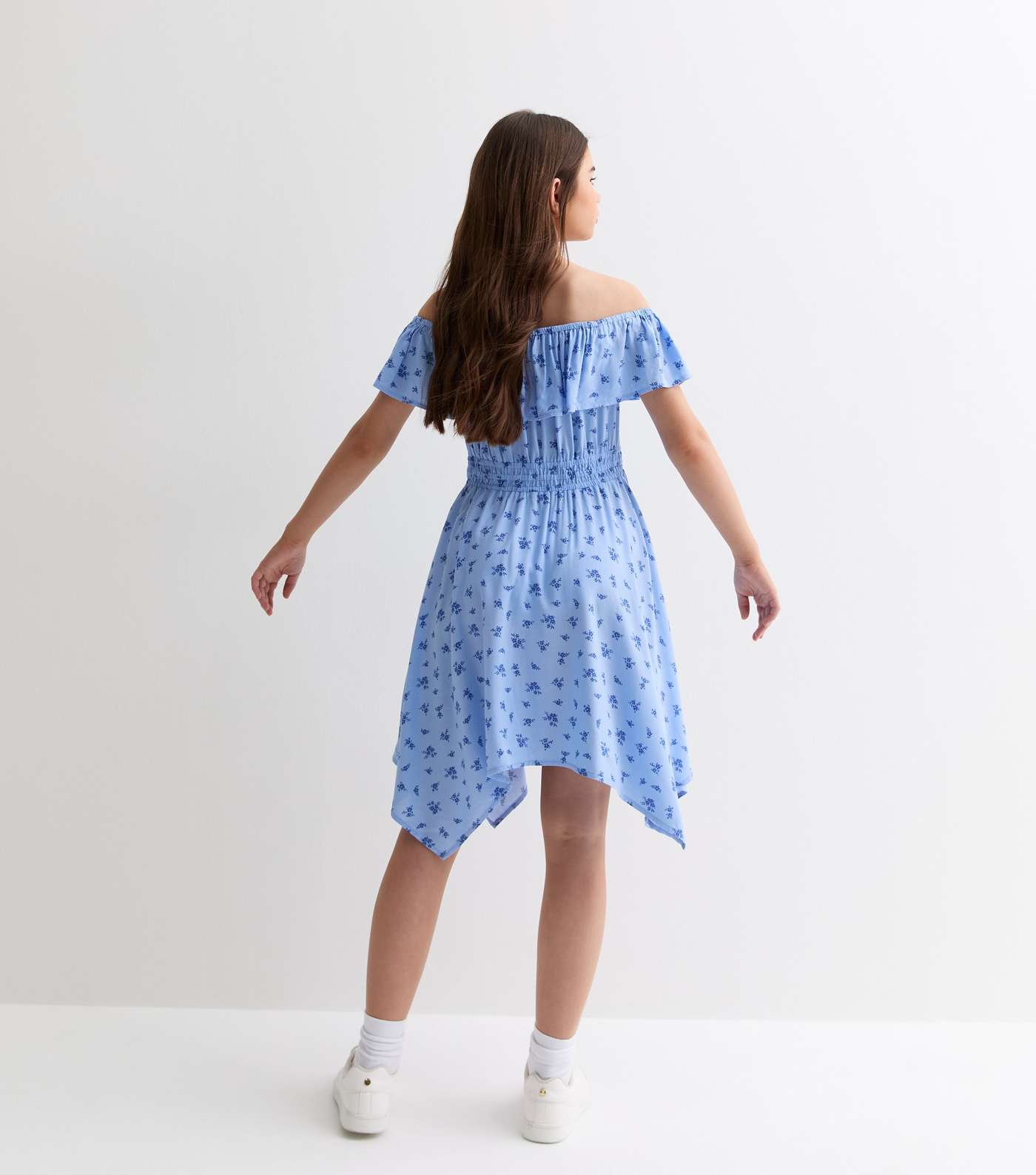 Girls Blue Ditsy Bardot Hanky Hem Mini Dress Image 4
