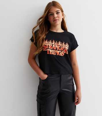 Girls Black Cotton Stranger Things Logo T-Shirt