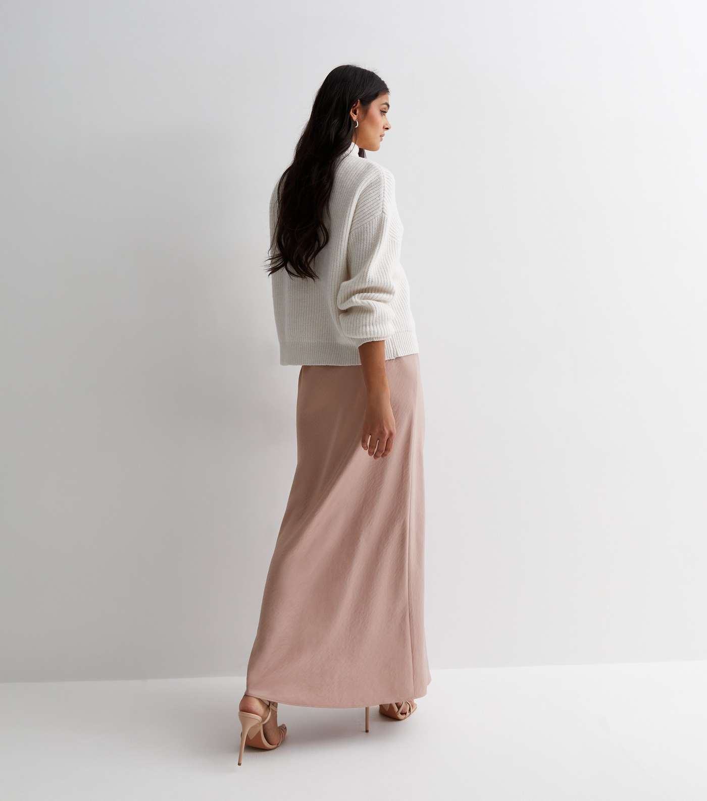 Pale Pink Satin High Waist Maxi Skirt Image 4