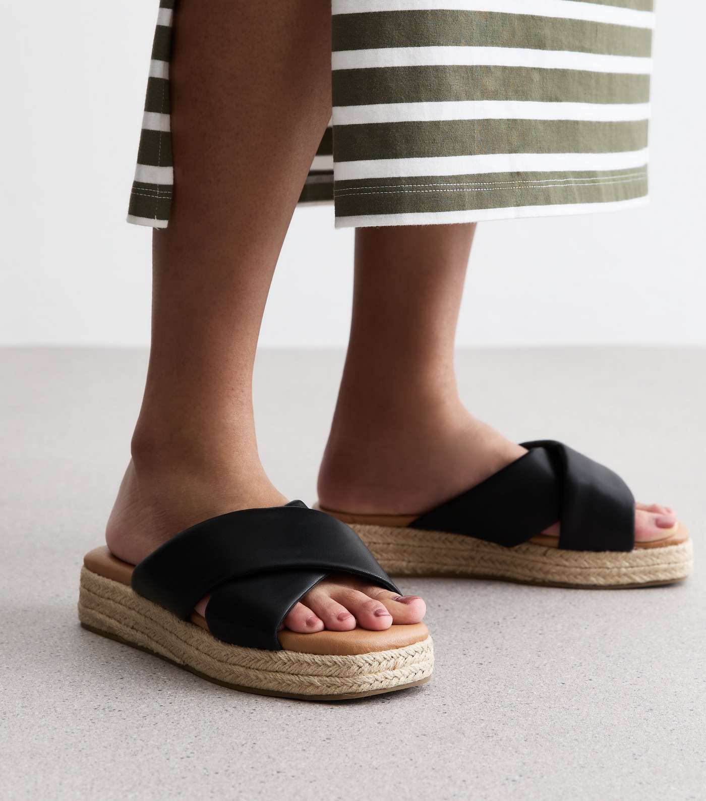 Wide Fit Black Leather-Look Espadrille Flatform Sandals Image 2