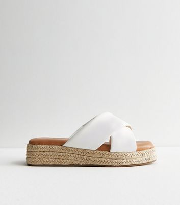 Wide Fit White Leather-Look Espadrille Flatform Sandals New Look