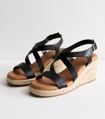 Black Leather-Look Espadrille Wedge Heel Sandals | New Look