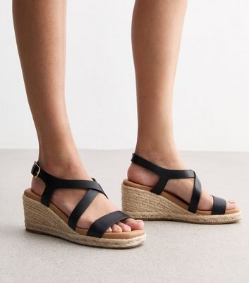 Black leather espadrille wedges hotsell