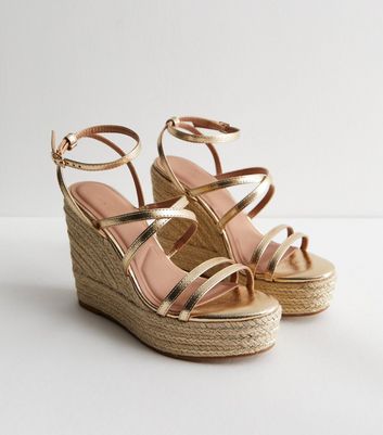 Gold Strappy Platform Espadrille Wedge Sandals New Look