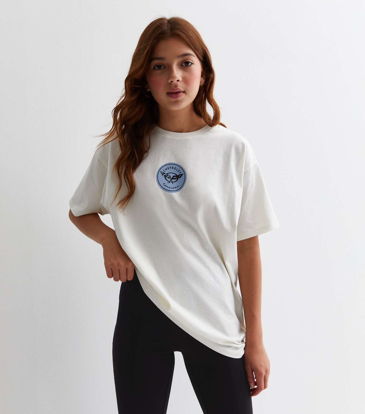Girls White Cotton Chevrolet Logo Oversized T-Shirt Image 2