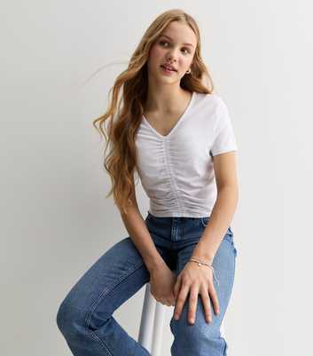 Girls White Modal Short Sleeve Ruched Top