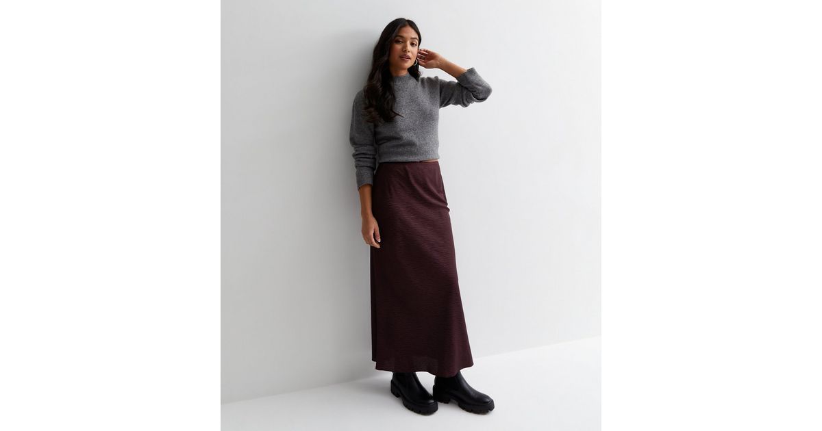 Petite Burgundy Jacquard Satin Bias Cut Maxi Skirt | New Look