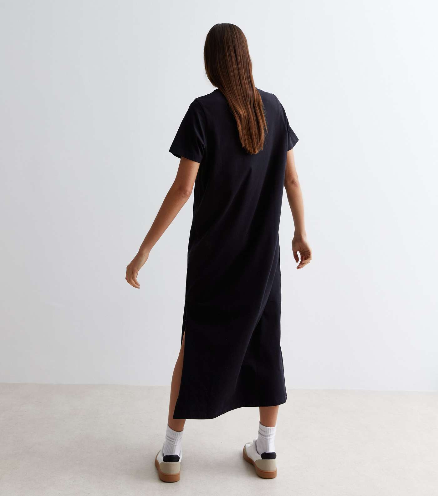 Black Cotton Split Hem Midi T-Shirt Dress Image 4