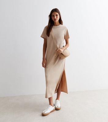 Stone Cotton Split Hem Midi T-Shirt Dress | New Look