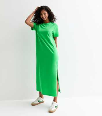 Green Cotton Split Hem Midi T-Shirt Dress