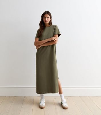 Khaki Cotton Split Hem Midi T-Shirt Dress New Look