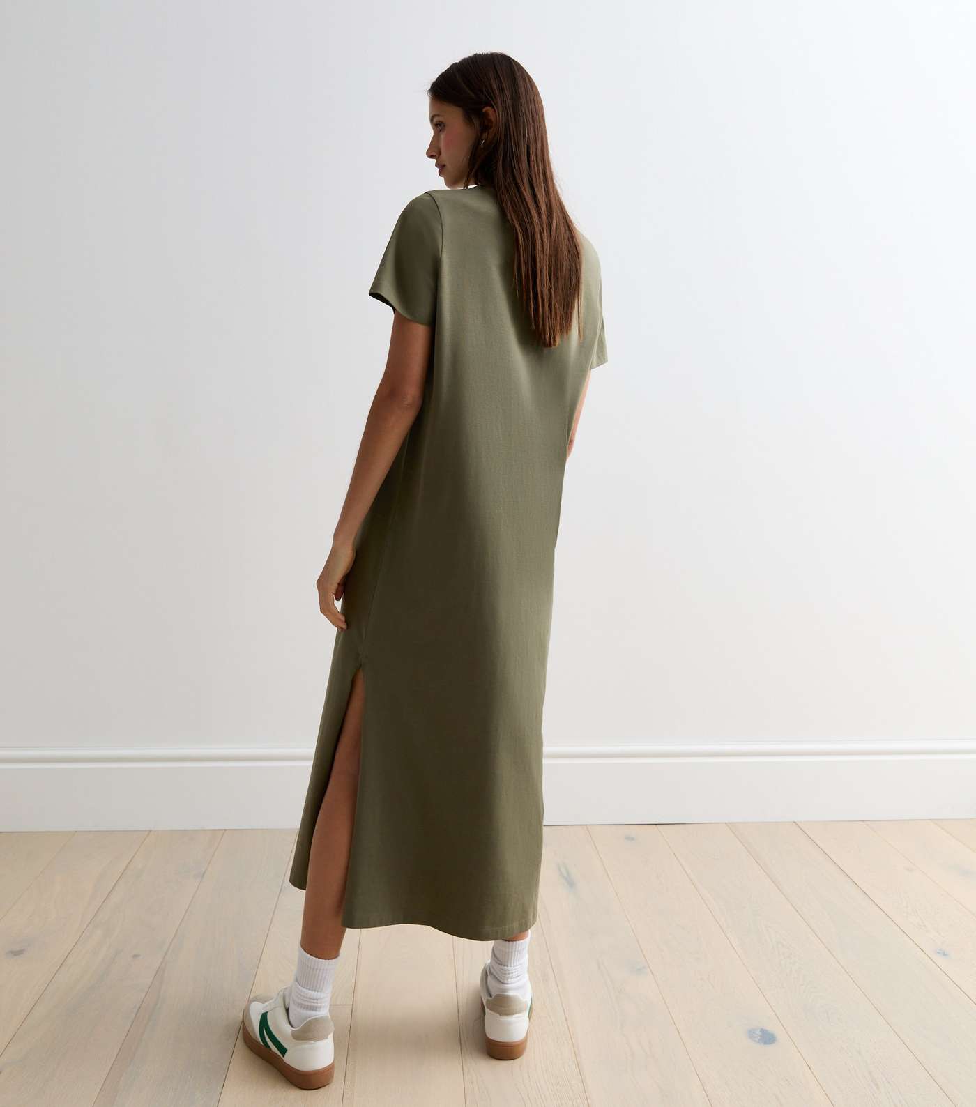 Khaki Cotton Split Hem Midi T-Shirt Dress Image 4