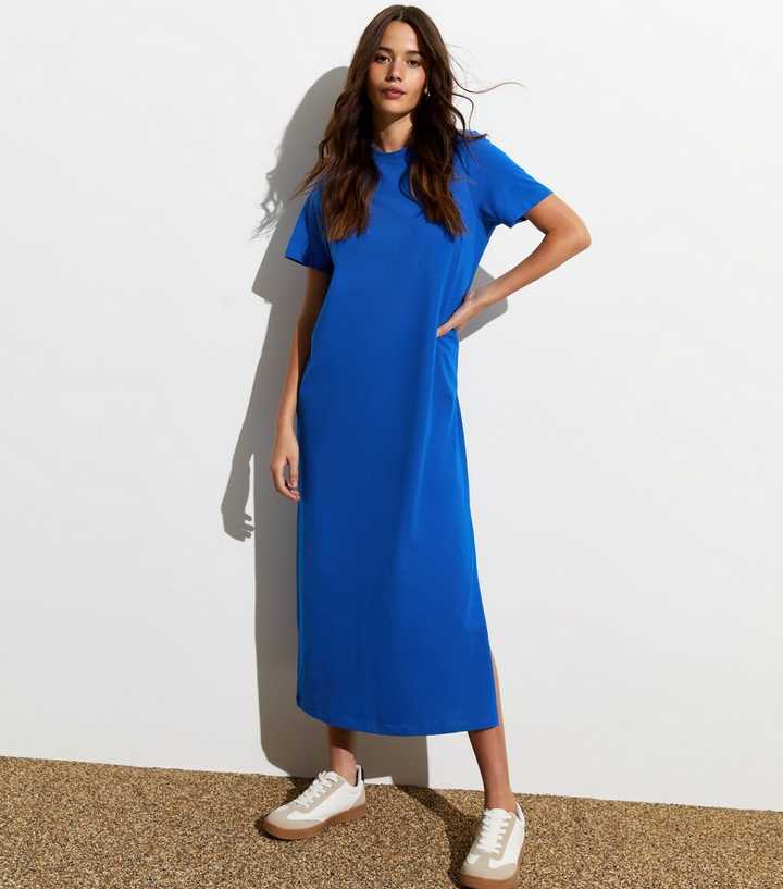 long blue t shirt dress Shirt Dress Jersey Dresses New Look Blue Cotton Split Hem Midi T-Shirt Dress
