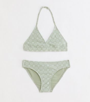 Girls Light Green Floral Triangle Bikini Set New Look
