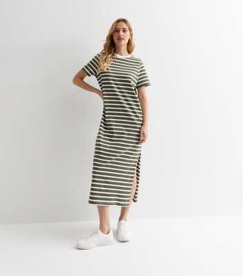 Green Stripe Cotton Midi T-Shirt Dress