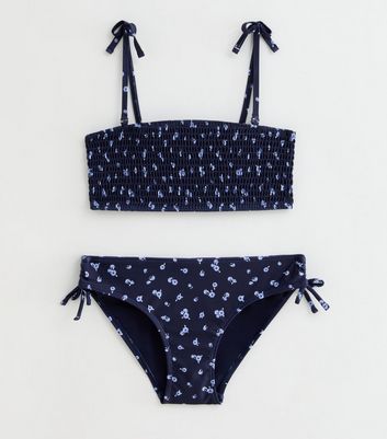 Girls Navy Ditsy Floral Ruched Bandeau Bikini Set New Look