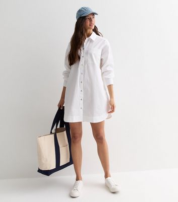 White Poplin Long Sleeve Oversized Mini Shirt Dress New Look