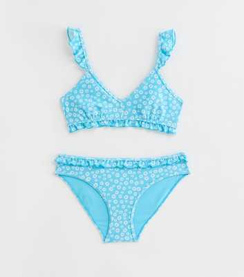 Girls Blue Ditsy Floral Frill Triangle Bikini Set