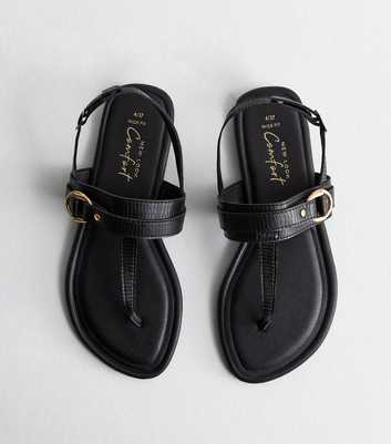 Wide Fit Black Leather-Look Buckle Toe Post Sandals