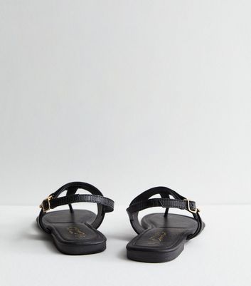 Wide Fit Black Leather-Look Buckle Toe Post Sandals New Look