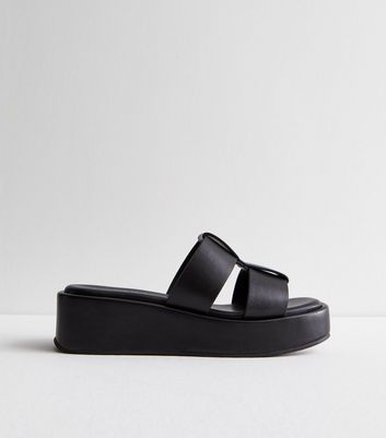 Black Grid Strap Flatform Wedge Sandals | New Look