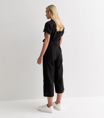 Petite Black Cotton Belted Utility Jumpsuit New Look