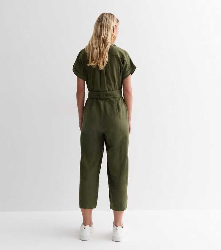 Petite Khaki Cotton Belted Utility Jumpsuit