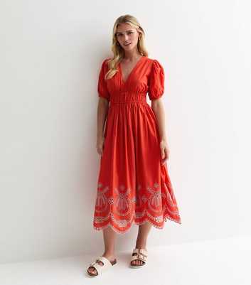 Petite Red Cotton Broderie Hem Midi Dress