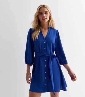 Petite Blue Grandad Collar Mini Shirt Dress