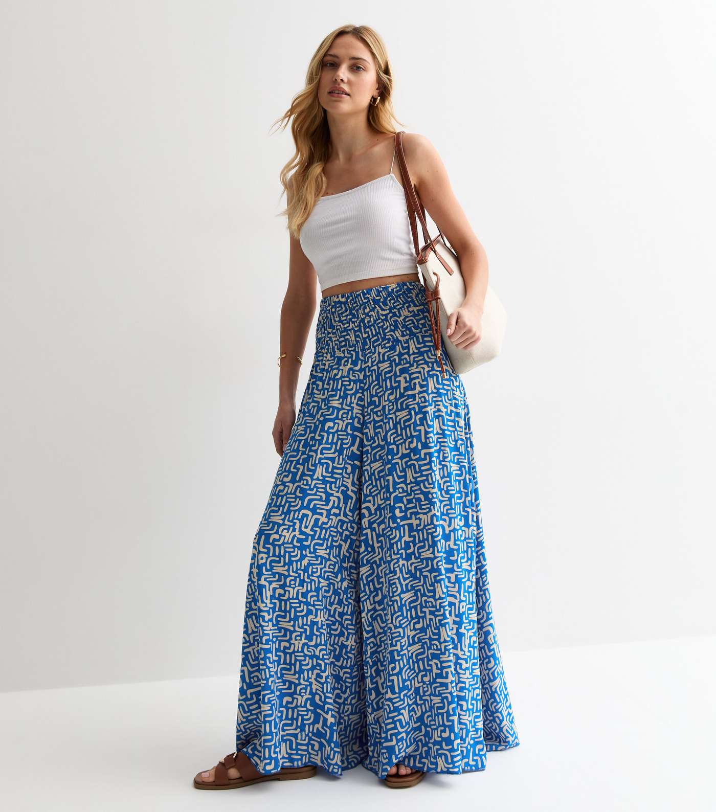 Blue Abstract Print Wide Leg Trousers Image 3