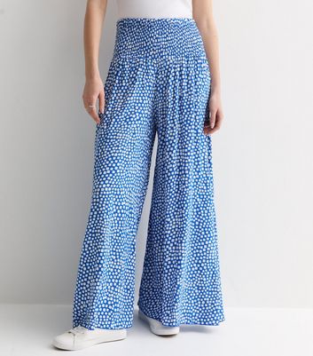 Blue Square Print Shirred Wide Leg Trousers New Look