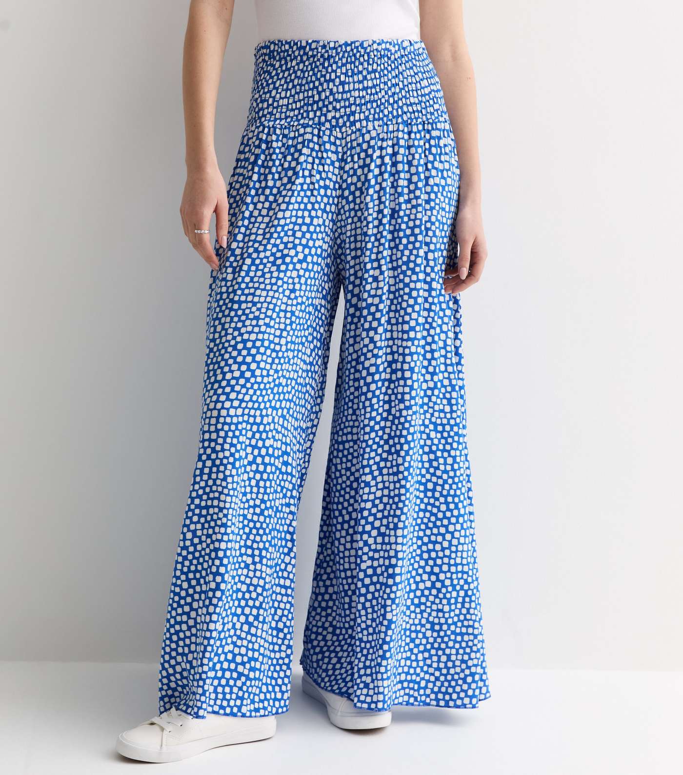 Blue Square Print Shirred Wide Leg Trousers Image 3