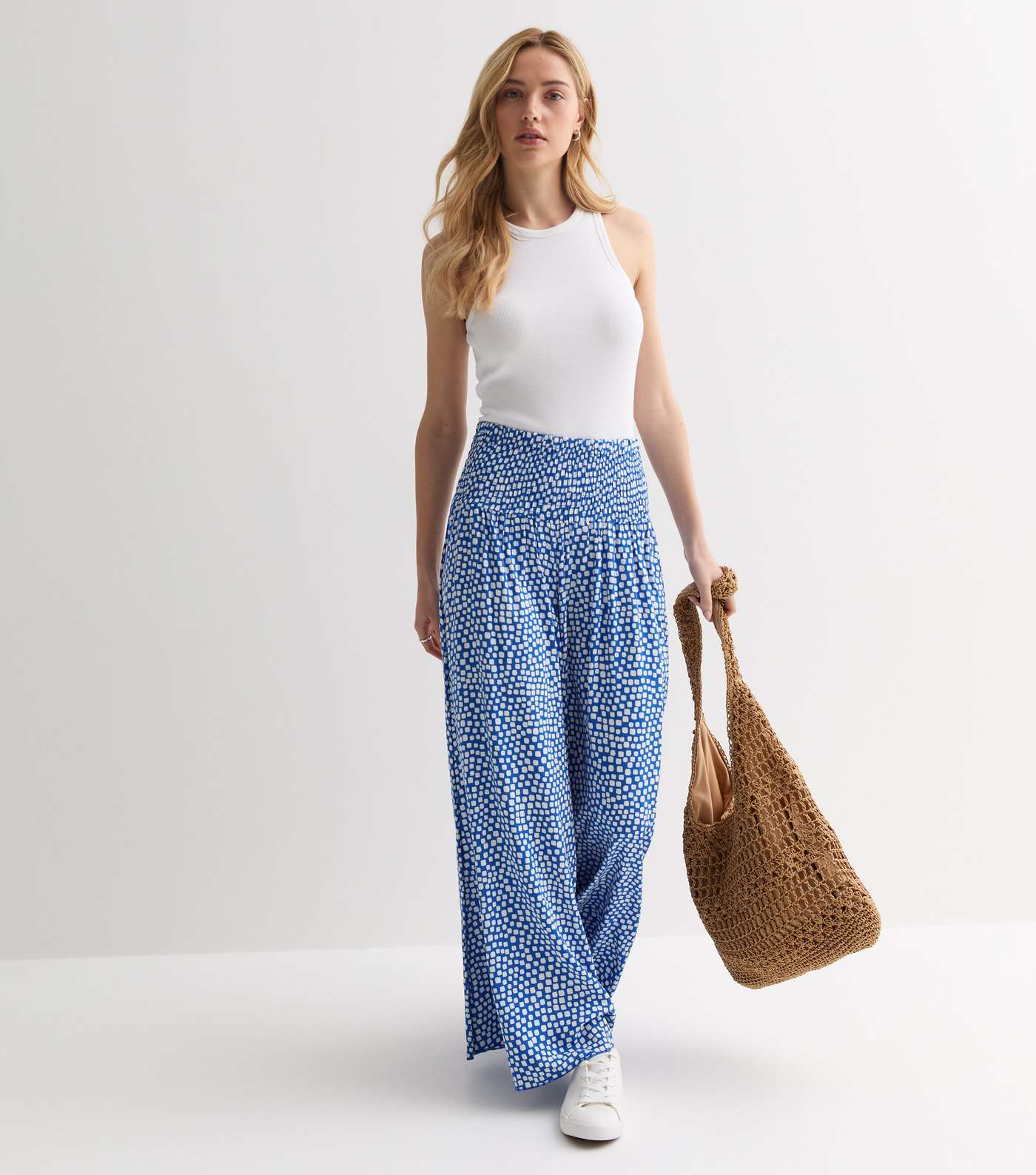 Blue Square Print Shirred Wide Leg Trousers Image 5