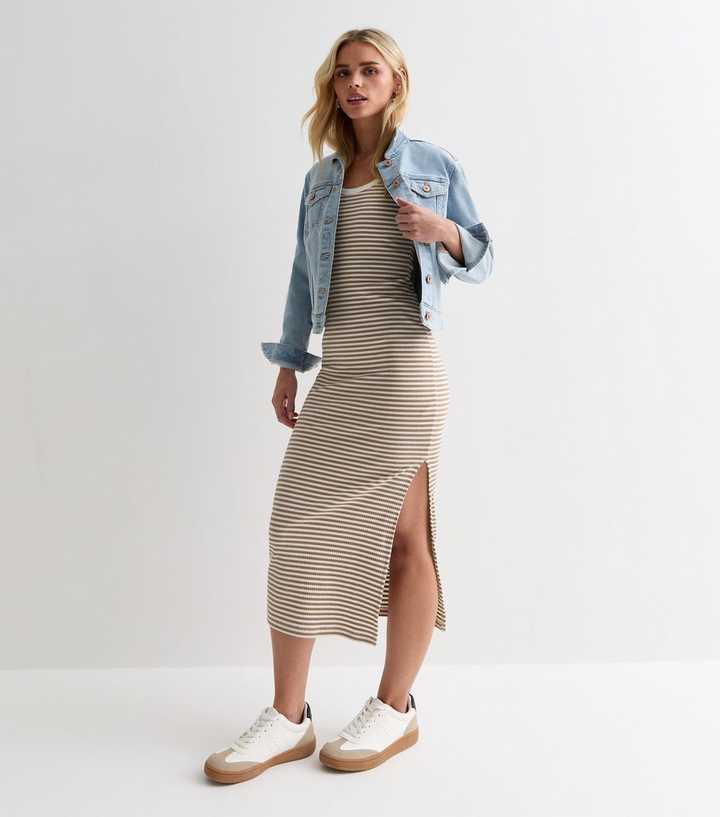 Petite Brown Stripe Scoop Neck Midi Dress