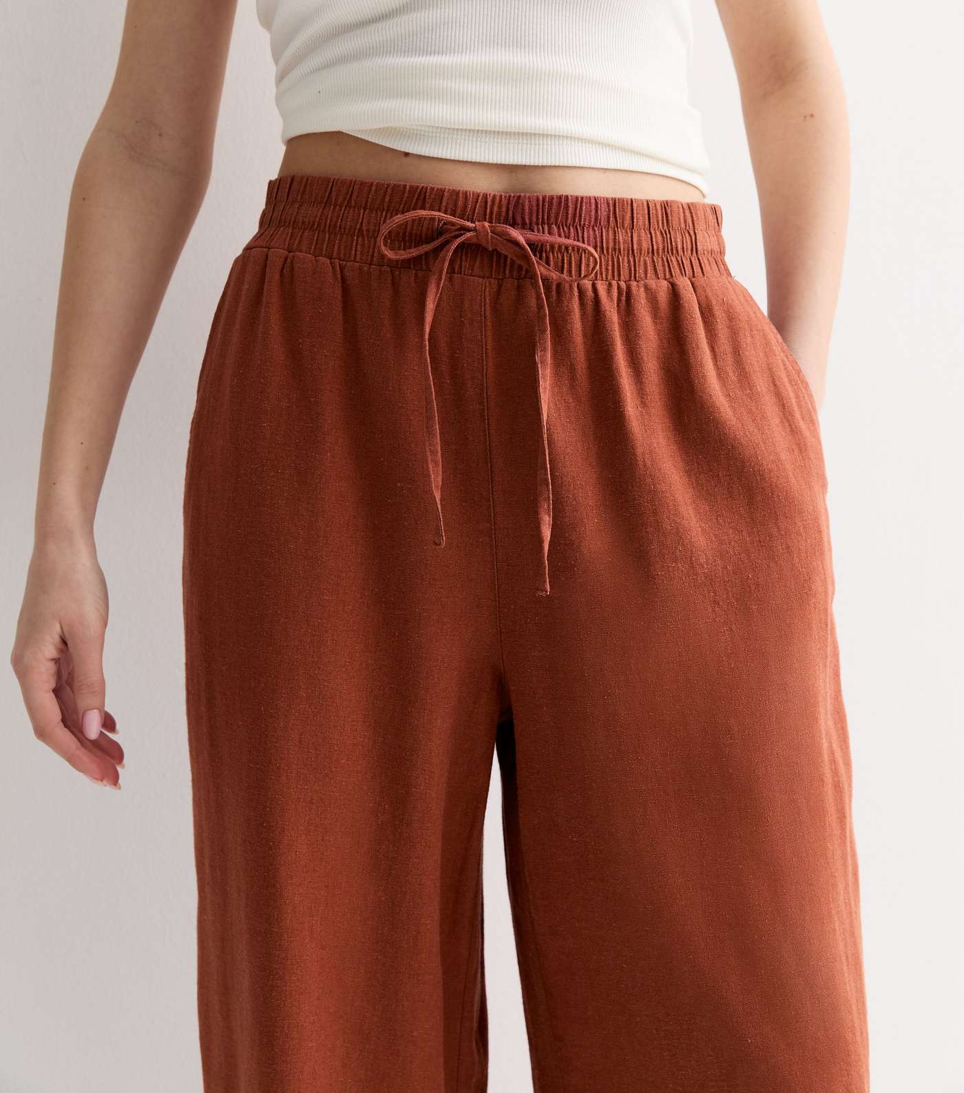 Rust Linen Blend Drawstring Waist Wide Leg Trousers Image 2