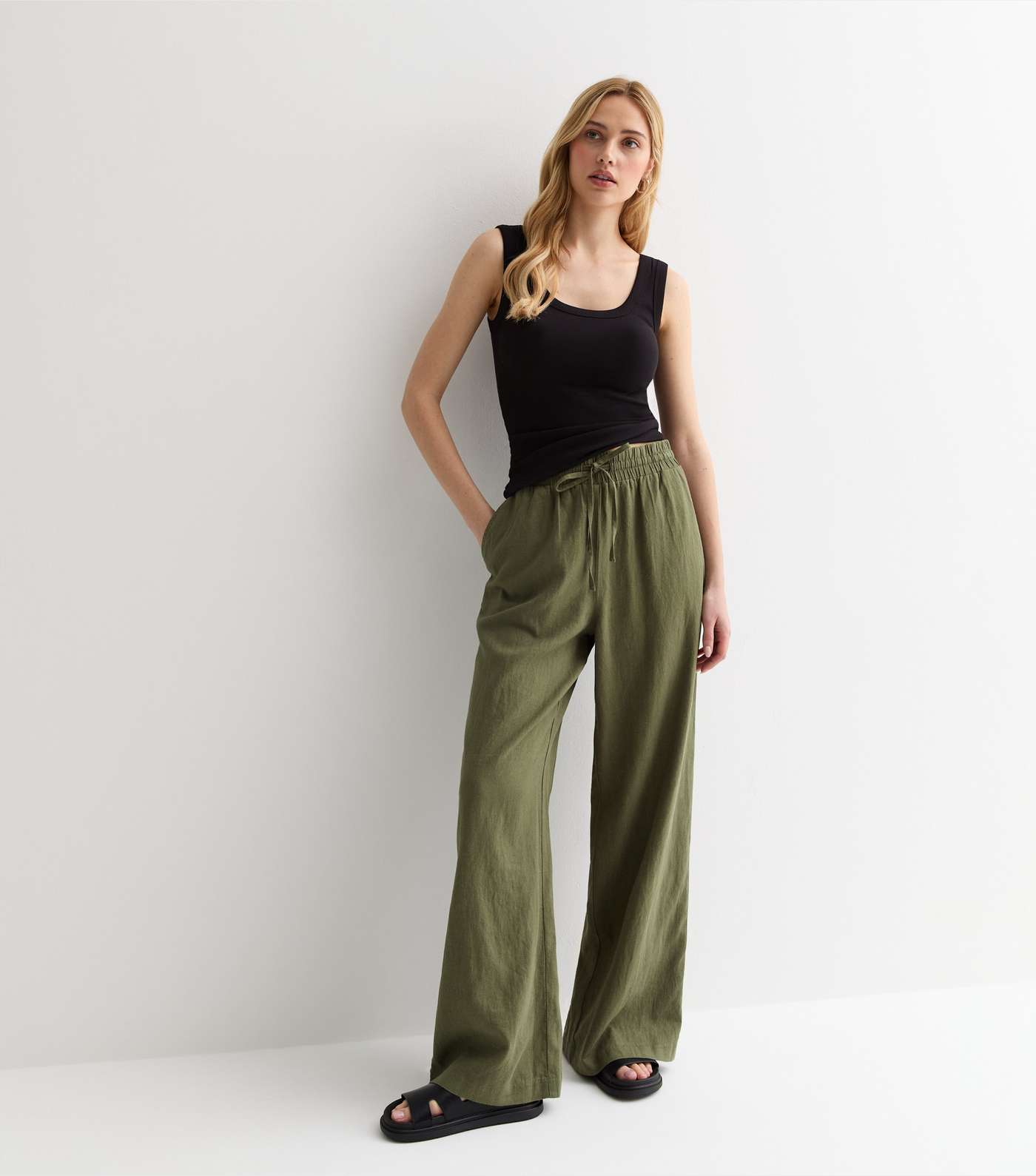 Khaki Linen Blend Drawstring Waist Wide Leg Trousers Image 2