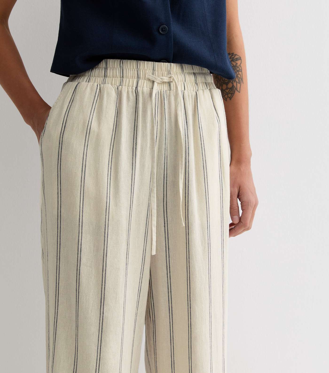 Off White Stripe Linen Blend Wide Leg Trousers Image 2