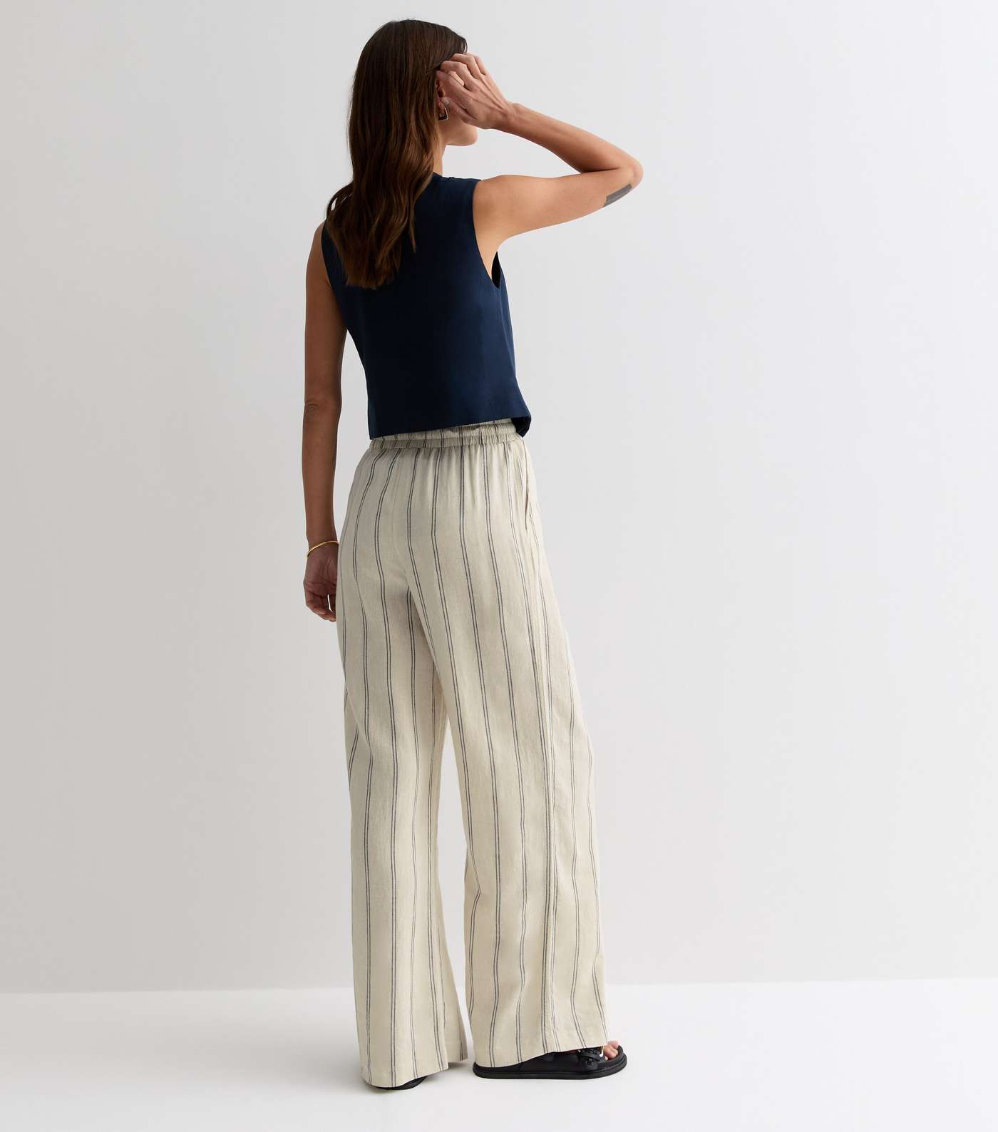 Off White Stripe Linen Blend Wide Leg Trousers Image 4