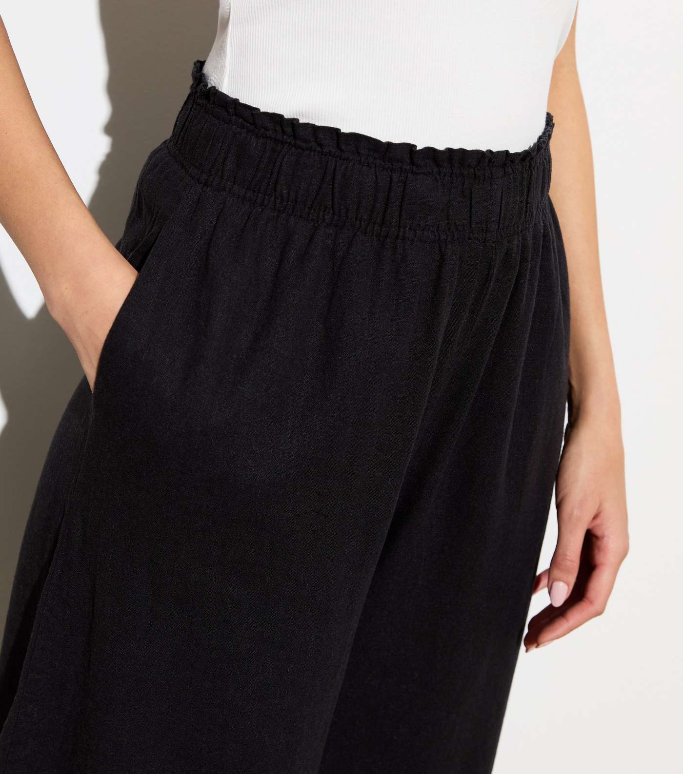 Black Linen Blend Crop Wide Leg Trousers Image 2