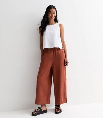 Rust Linen Blend Crop Wide Leg Trousers New Look