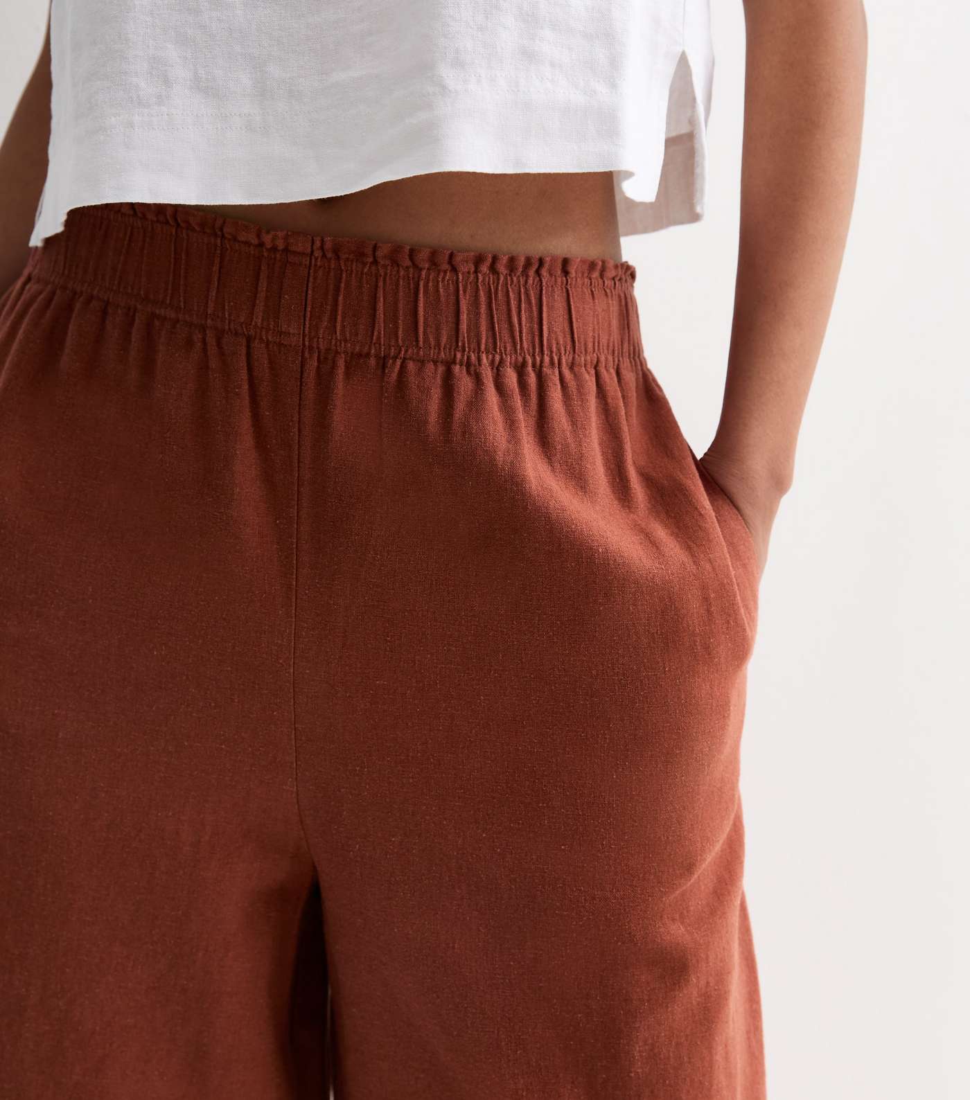 Rust Linen Blend Crop Wide Leg Trousers Image 2
