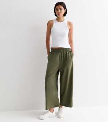 Khaki Linen Blend Crop Wide Leg Trousers