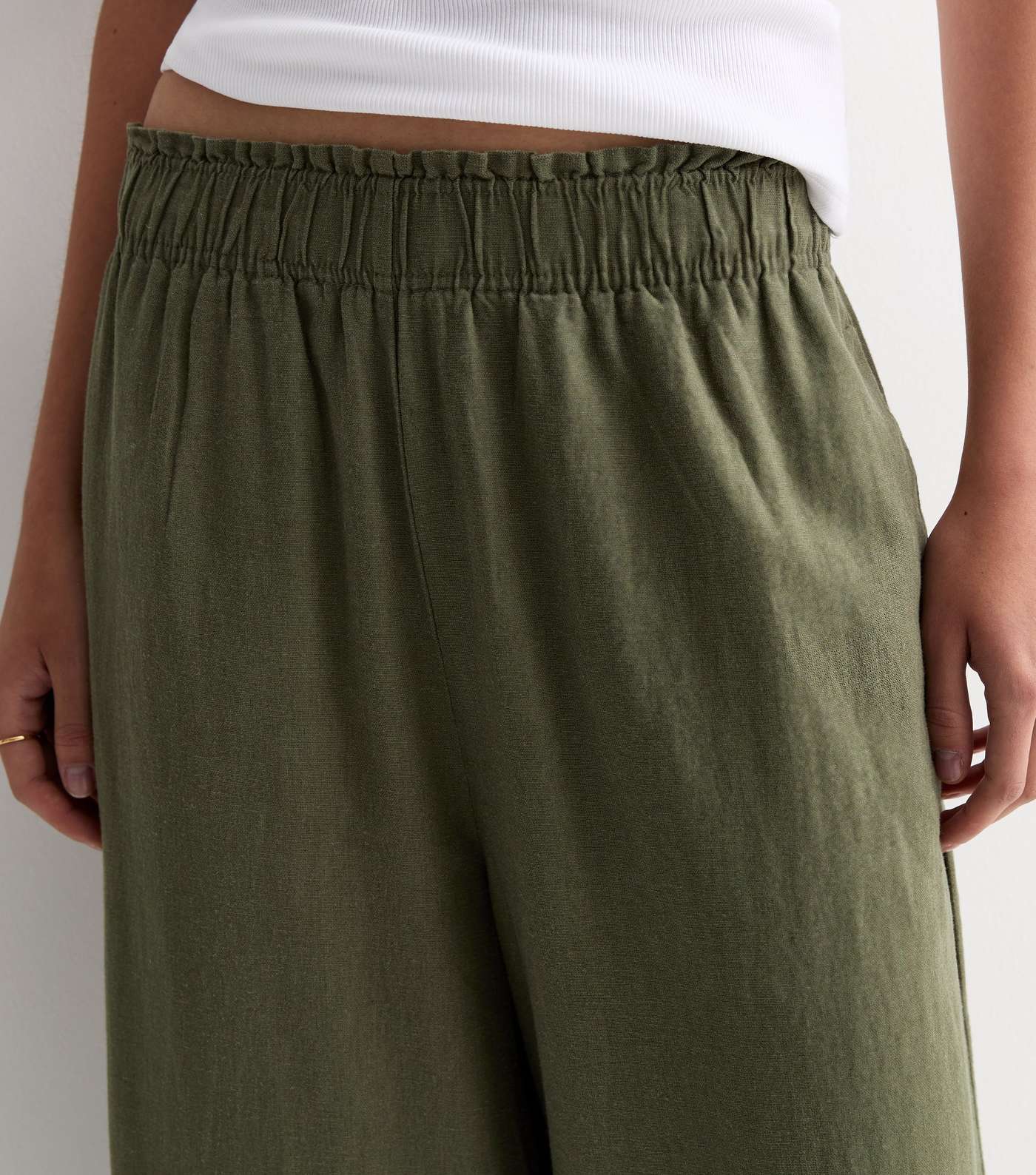 Khaki Linen Blend Crop Wide Leg Trousers Image 2