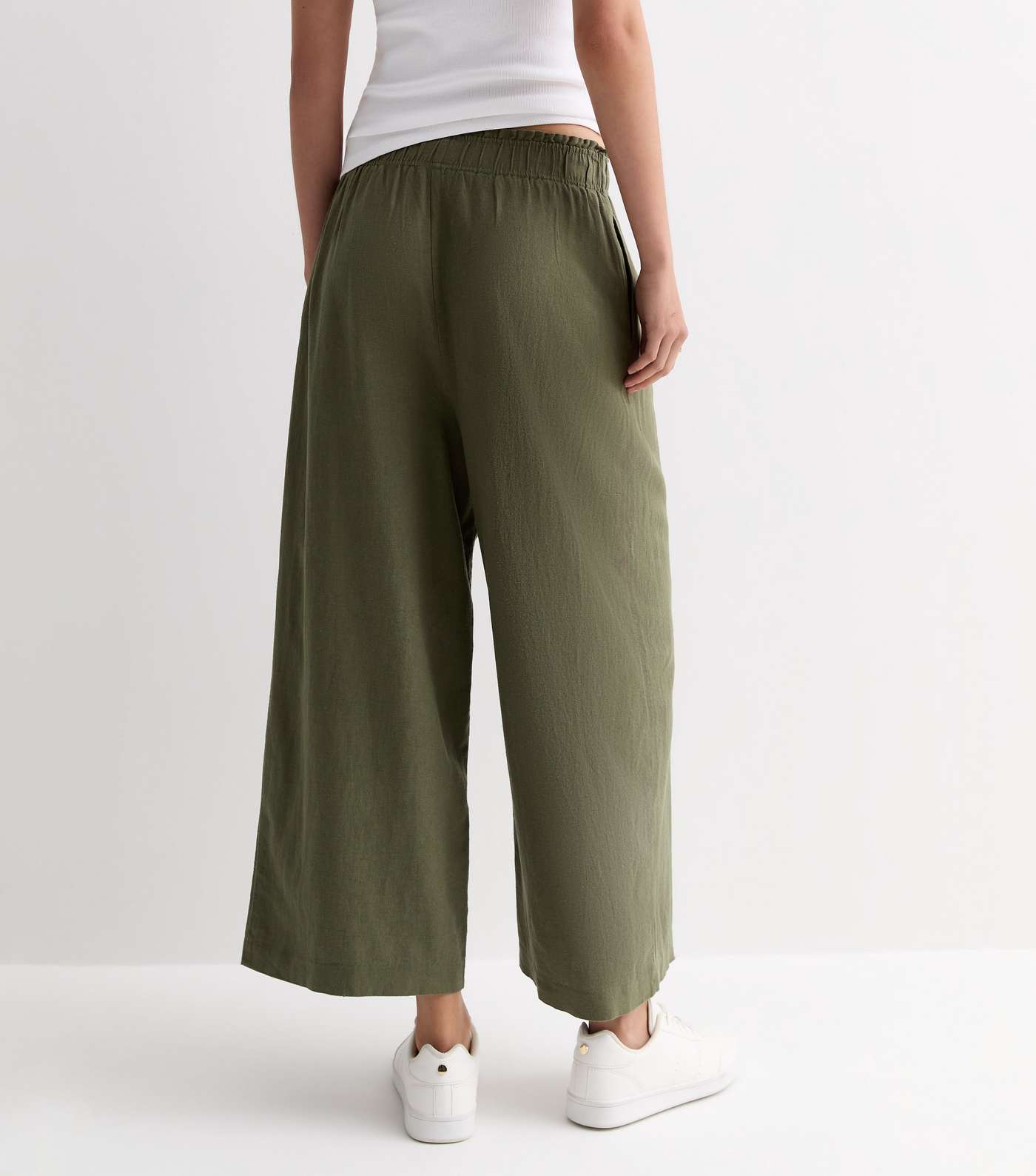 Khaki Linen Blend Crop Wide Leg Trousers Image 4