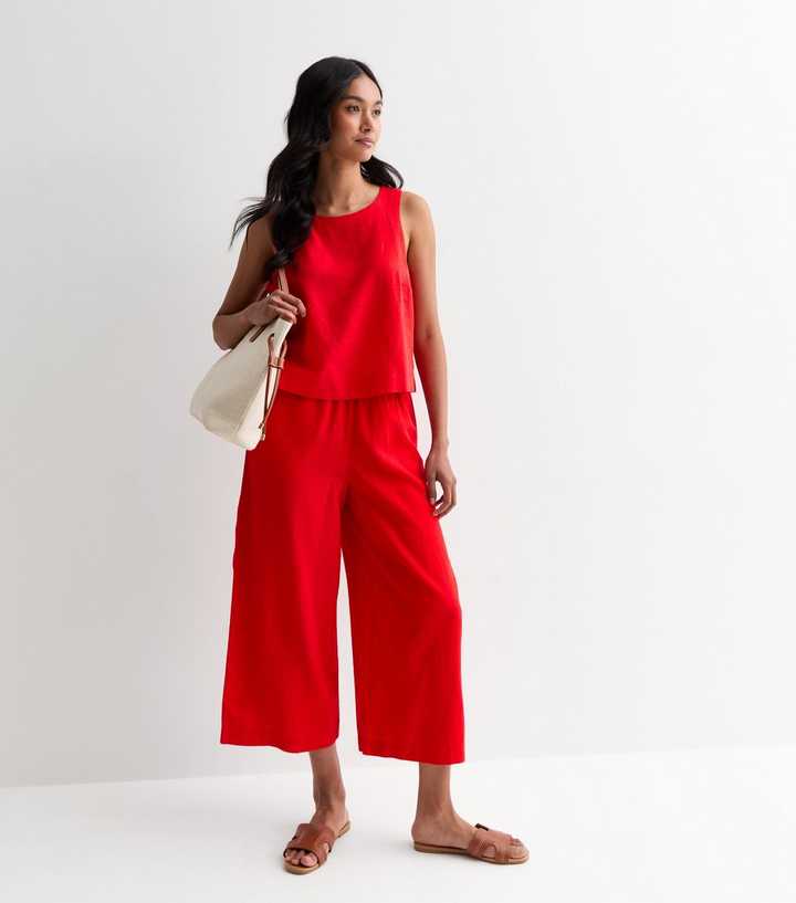 Palazzo Pants Womens Red Crop Pants Red Linen Blend Crop