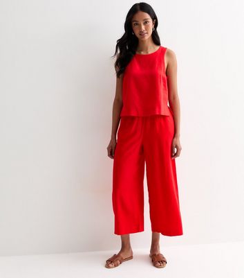 Red Linen Blend Crop Wide Leg Trousers New Look