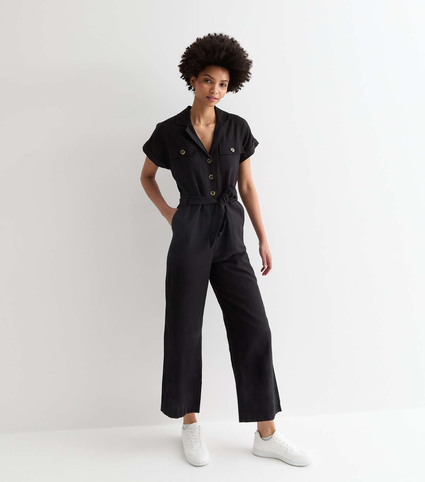 Tall Black Short Sleeve Belted Utility Jumpsuit Image 3