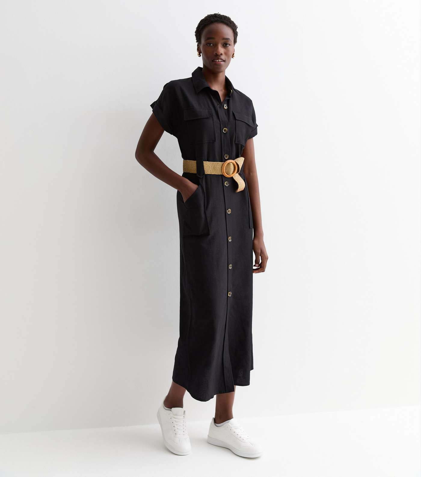 Tall Black Belted Utility Midi Shirt Dress Image 3